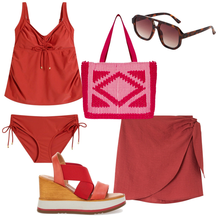 Outfit donna - Al mare 28. Stile Minimal per Mare. Abbinamento con costumi interi, occhiali da sole, vestiti da spiaggia, sandali, borse a mano.