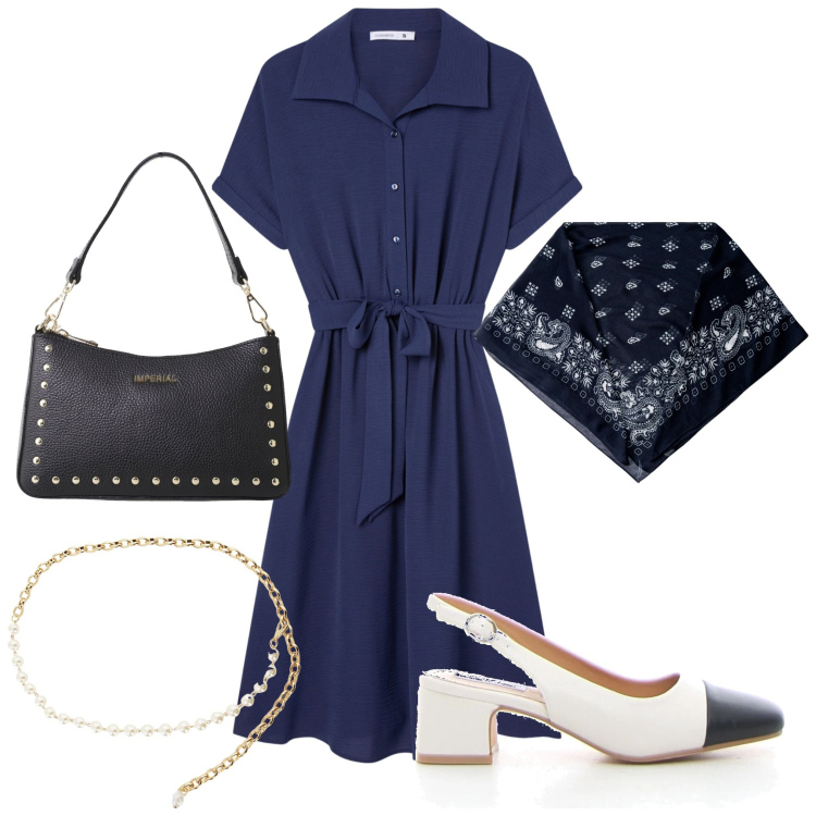 Outfit donna - Abito chemisier in cotone. Stile Bon Ton per Tutti i giorni. Abbinamento con vestiti chemisier, borse a spalla, collane, décolleté, foulard.