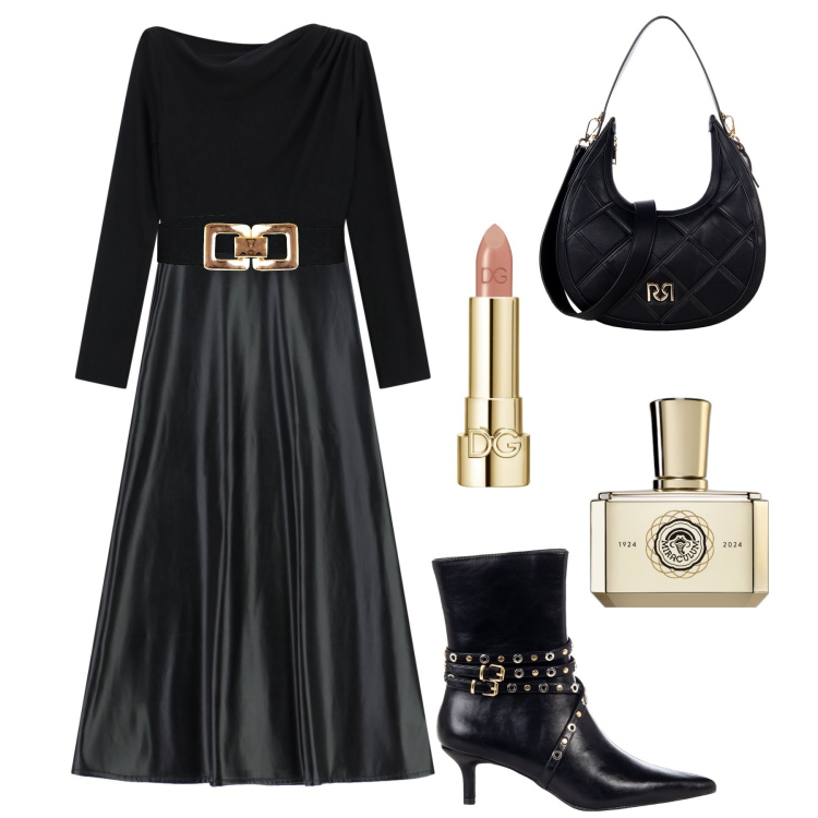 Outfit donna - Serata chic con grinta. Stile Chic per Serata fuori. Abbinamento con profumi, rossetti, stivaletti, cinture, borse a tracolla, vestiti lunghi.
