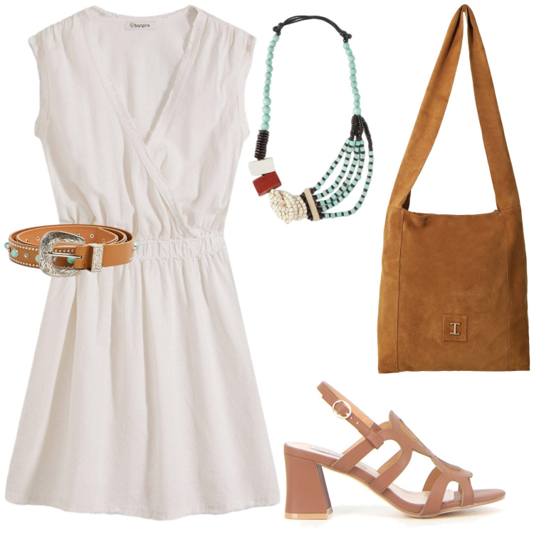 Outfit donna - Accessori turchese. Stile Chic per Tutti i giorni. Abbinamento con vestiti, cinture, borse a tracolla, collane, sandali col tacco.