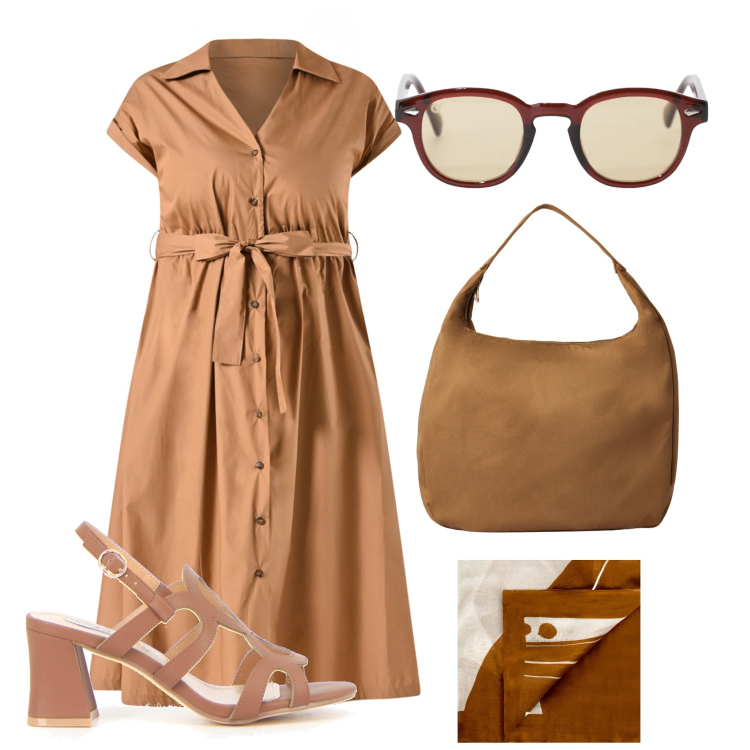Outfit donna - Abito chemisier in cotone 3. Stile Bon Ton per Tutti i giorni. Abbinamento con borse a mano, sciarpe, vestiti chemisier, occhiali da sole, sandali col tacco.