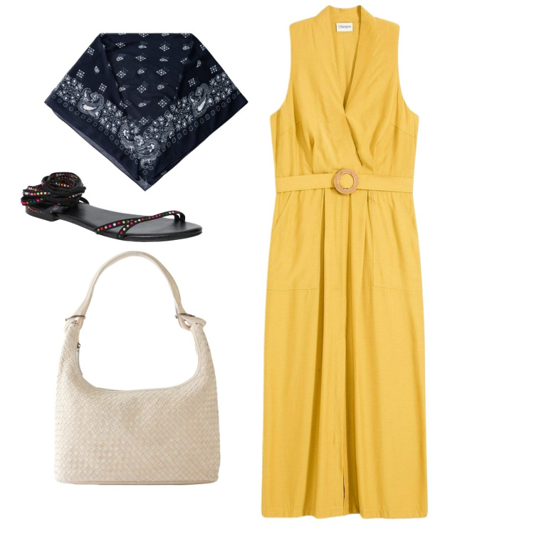 Outfit donna - Giallo city. Stile Bon Ton per Tutti i giorni. Abbinamento con vestiti, shopping bag, sandali alla schiava, foulard.