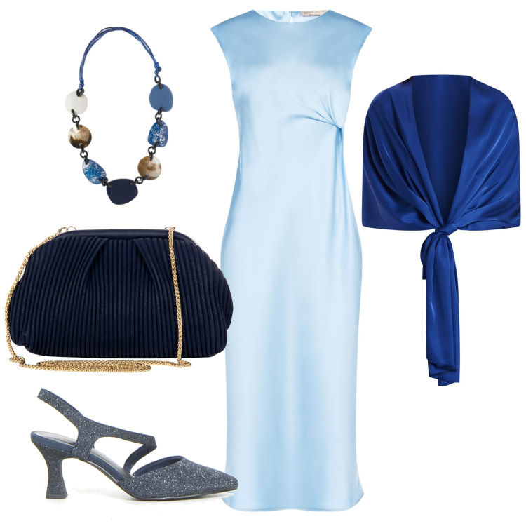 Outfit donna - Il potere del turchese 3. Stile Chic per Cerimonia. Abbinamento con vestiti midi/longuette, pochette, stole, décolleté, collane.