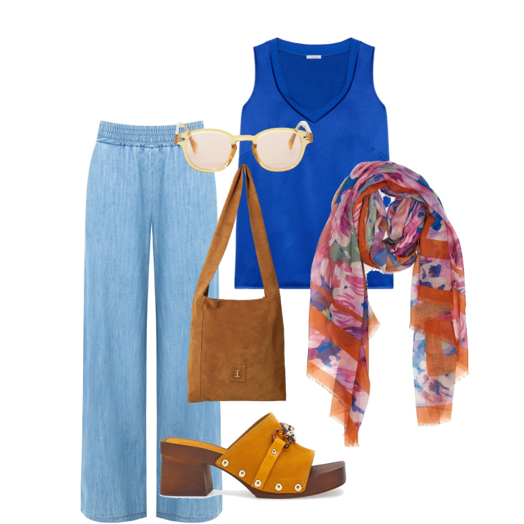 Outfit donna - Passeggiata serale sul lungomare. Stile Casual per Mare. Abbinamento con jeans dritti, occhiali da sole, borse a tracolla, top, sciarpe, zoccoli.