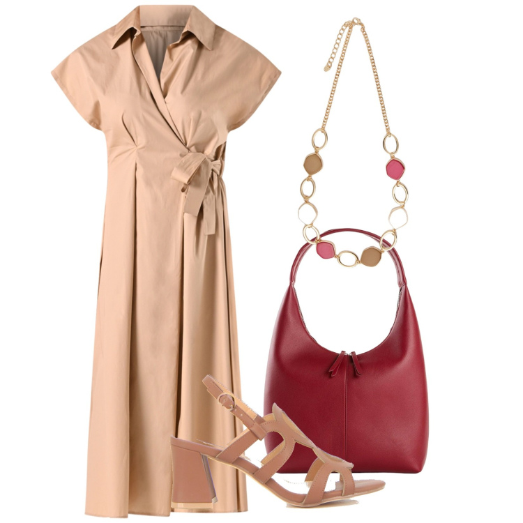Outfit donna - Ritorno in ufficio. Stile Casual chic per Ufficio. Abbinamento con shopping bag, vestiti chemisier, collane, sandali col tacco.