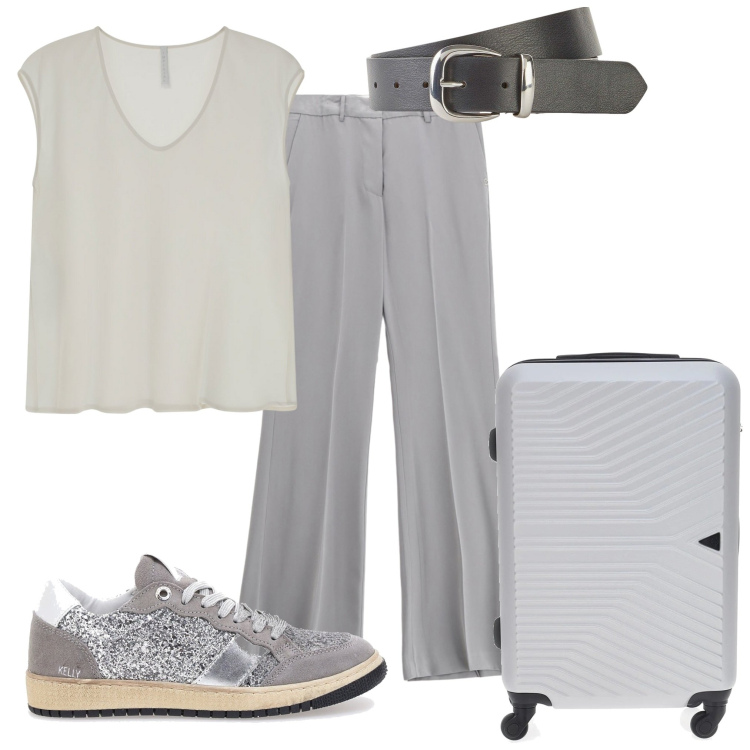 Outfit donna - In viaggio 4. Stile Casual per Tutti i giorni. Abbinamento con cinture, pantaloni, top, sneakers, valigie.