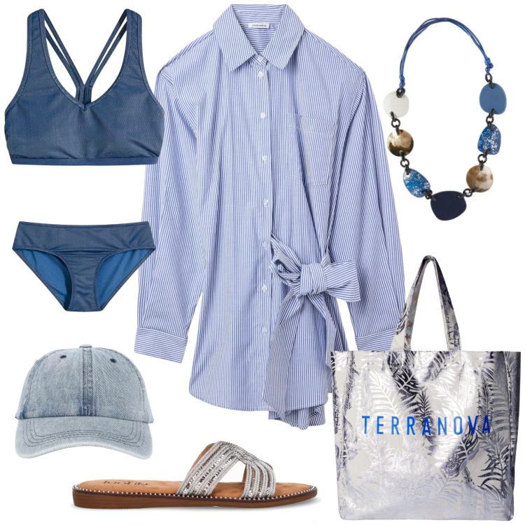 Outfit donna - Vestito chemisier a righe per il mare!. Stile Casual chic per Mare. Abbinamento con bikini, cappelli con visiera, borse tote, vestiti chemisier, collane, ciabatte.