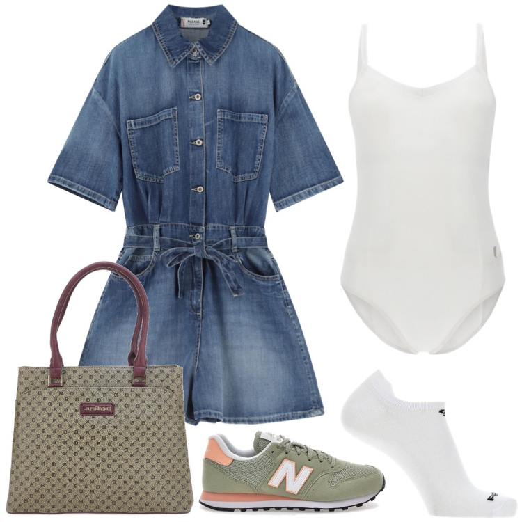 Outfit donna - Dinamica. Stile Casual per Tutti i giorni. Abbinamento con tuta corta, body, calzini, sneakers, borse a spalla.