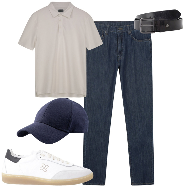 Outfit uomo - City. Stile Urban per Tutti i giorni. Abbinamento con cinture, sneakers, jeans, polo, cappelli con visiera.
