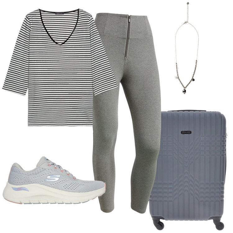 Outfit donna - In viaggio 5. Stile Casual per Tutti i giorni. Abbinamento con pantaloni skinny, ciondoli, t-shirt, sneakers, valigie.