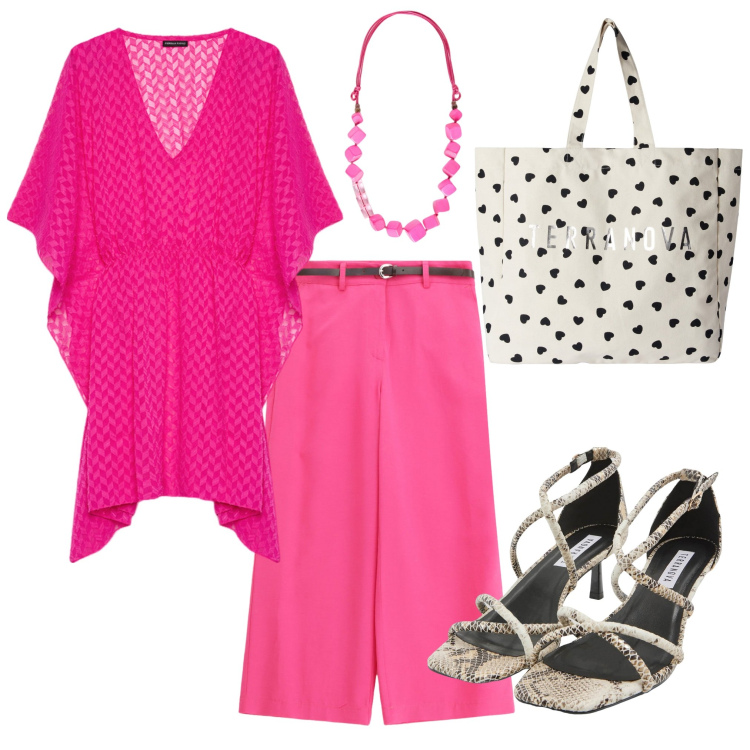 Outfit donna - Allegra e vivace. Stile Trendy per Tutti i giorni. Abbinamento con sandali col tacco, borse tote, pantaloni, collane, caftani.