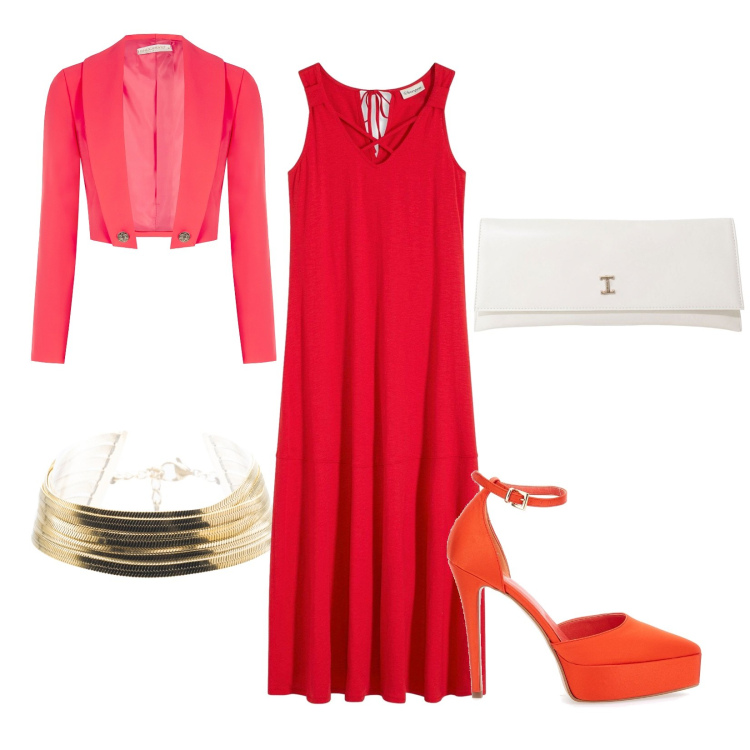Outfit donna - Cerimonia in rosso. Stile Bon Ton per Cerimonia. Abbinamento con vestiti lunghi, bolero, pochette, braccialetti, décolleté.