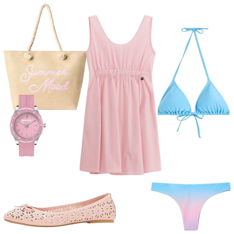 Outfit donna - Total look #2230419. Stile Bon Ton per Mare. Abbinamento con ballerine, bikini, bikini, borse tote, vestiti corti, orologi.