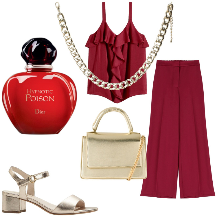 Outfit donna - Total look #2230421. Stile Sexy per Serata fuori. Abbinamento con top, sandali col tacco, profumi, collane, borse a tracolla, pantaloni.