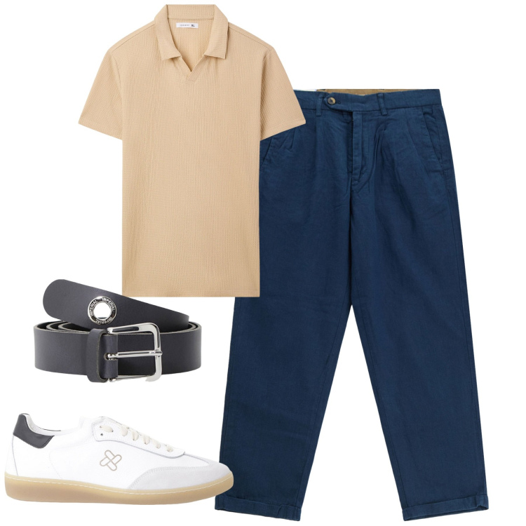 Outfit uomo - Agosto. Stile Urban per Tutti i giorni. Abbinamento con polo, cinture, sneakers, pantaloni chino.