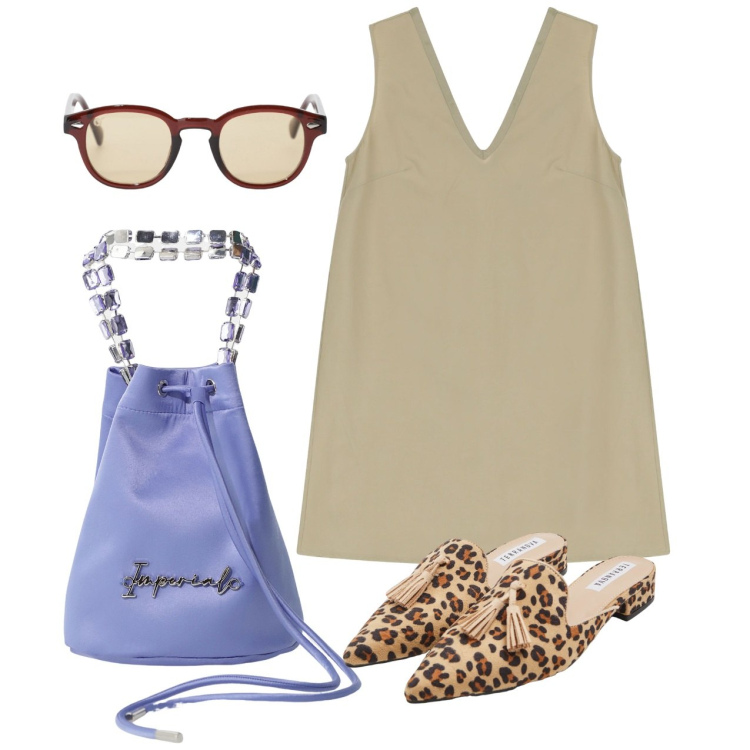 Outfit donna - Total look. Stile Chic per Tutti i giorni. Abbinamento con sabot, vestiti corti, borse a secchiello, occhiali da sole.