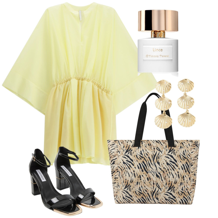 Outfit donna - Agosto. Stile Chic per Serata fuori. Abbinamento con profumi, orecchini, sabot, vestiti corti, shopping bag.