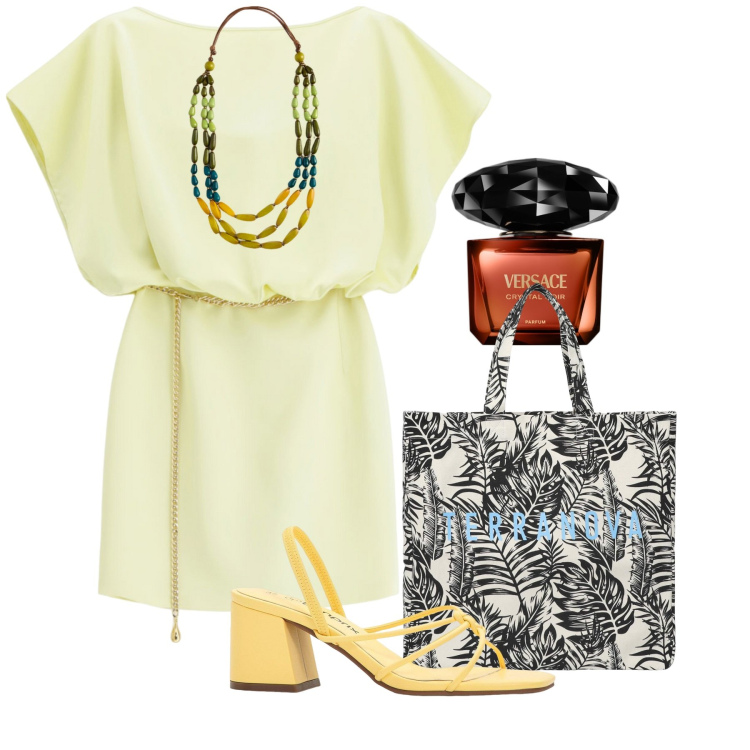Outfit donna - Agosto. Stile Chic per Tutti i giorni. Abbinamento con sandali col tacco, profumi, borse tote, vestiti corti, collane.