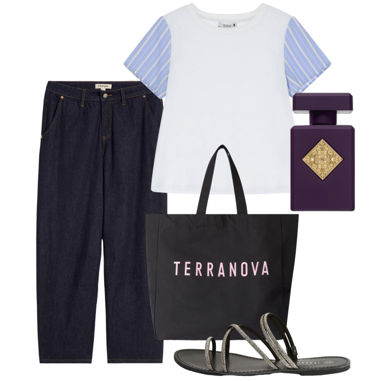 Outfit donna - Agosto. Stile Casual per Tutti i giorni. Abbinamento con jeans, profumi, sandali, borse tote, t-shirt.