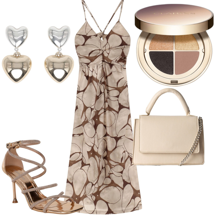 Outfit donna - Agosto. Stile Chic per Serata fuori. Abbinamento con ombretti, sandali col tacco, orecchini, borse a tracolla, vestiti lunghi.