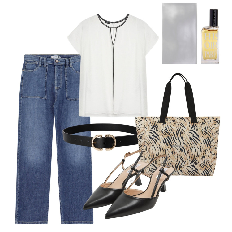 Outfit donna - Casual chic. Stile Casual chic per Tutti i giorni. Abbinamento con profumi, sabot, cinture, jeans dritti, shopping bag, bluse.