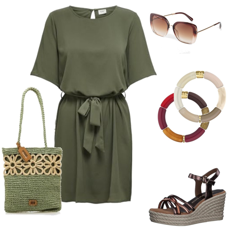 Outfit femme - Kim. Style Casual chic pour Tous les jours. Assortir avec lunettes de soleil, robes, sacs en bandoulière, sandales, bracelets, bracelets.