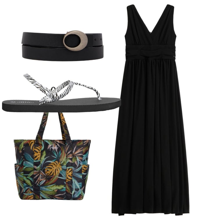 Outfit donna - Total look. Stile Chic per Tutti i giorni. Abbinamento con sandali, vestiti lunghi, shopping bag, cinture.