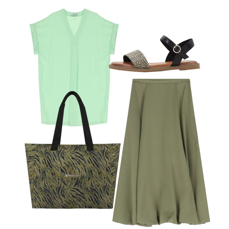 Outfit donna - Total look. Stile Chic per Tutti i giorni. Abbinamento con sandali, vestiti corti, gonne longuette, shopping bag.