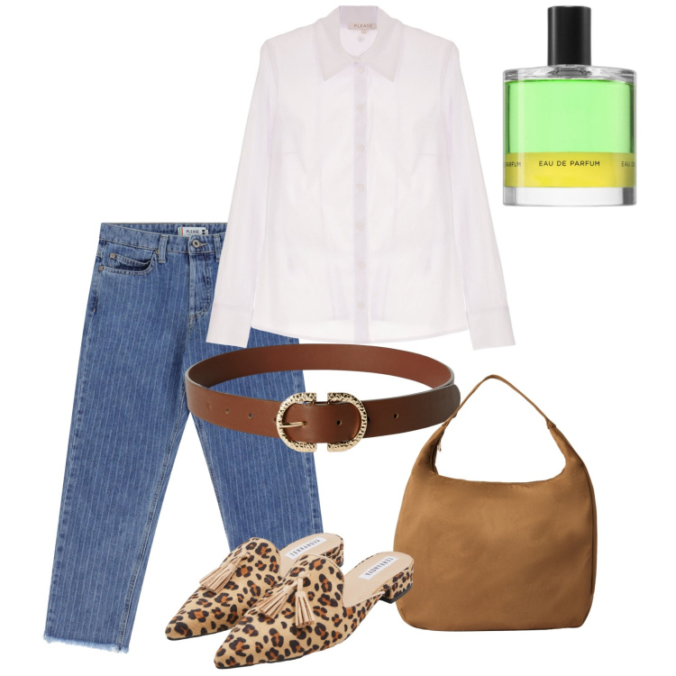 Outfit donna - Agosto. Stile Casual chic per Tutti i giorni. Abbinamento con profumi, borse a mano, sabot, cinture, jeans, camicie.