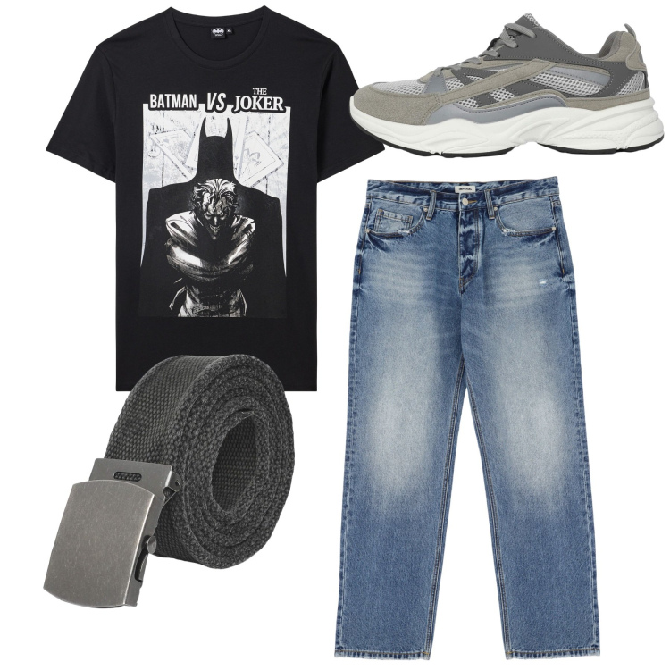 Outfit uomo - City. Stile Casual per Tutti i giorni. Abbinamento con t-shirt, sneakers, cinture, jeans.