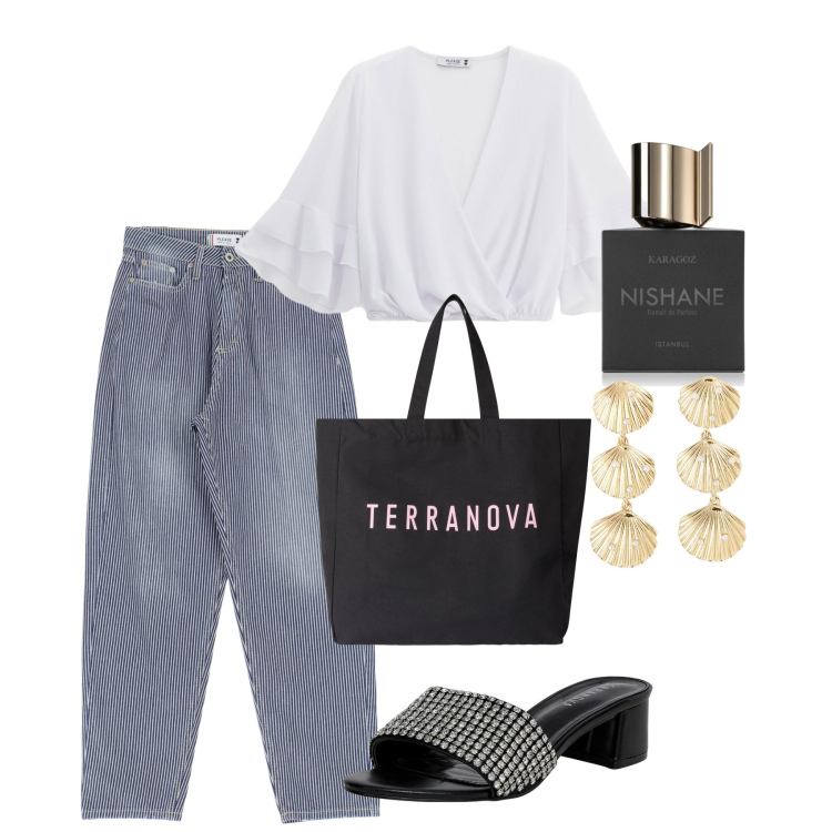 Outfit donna - Agosto. Stile Casual chic per Tutti i giorni. Abbinamento con profumi, orecchini, borse tote, ciabatte, top, jeans mom.
