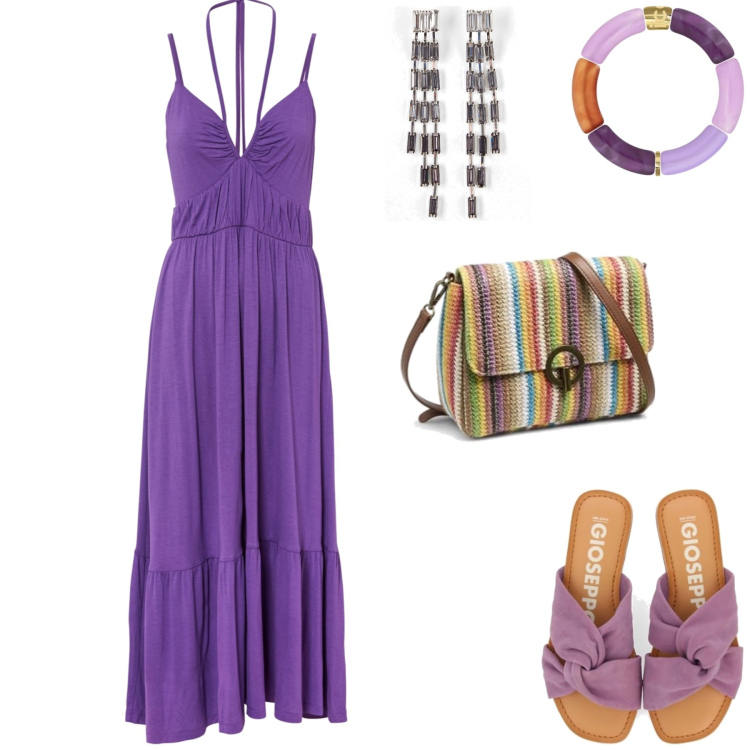 Outfit femme - Barbara. Style Minimal pour Soirée dehors. Assortir avec robes, boucles d'oreilles, bracelets, sacs en bandoulière, sandales.