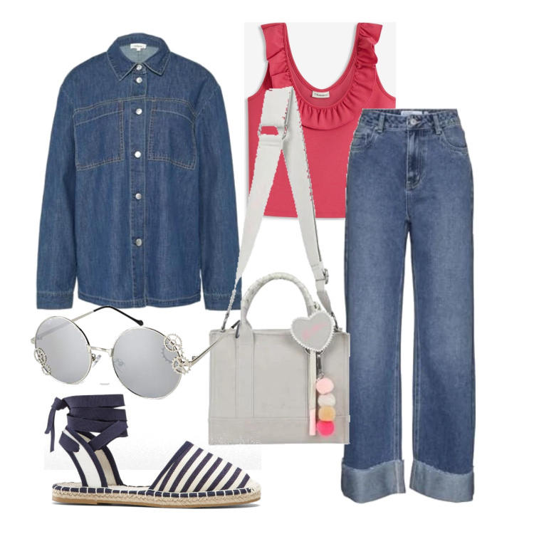 Outfit femme - Août. Style Casual chic pour Tous les jours. Assortir avec espadrilles, hauts, jeans, lunettes de soleil, sacs besace, blazers.