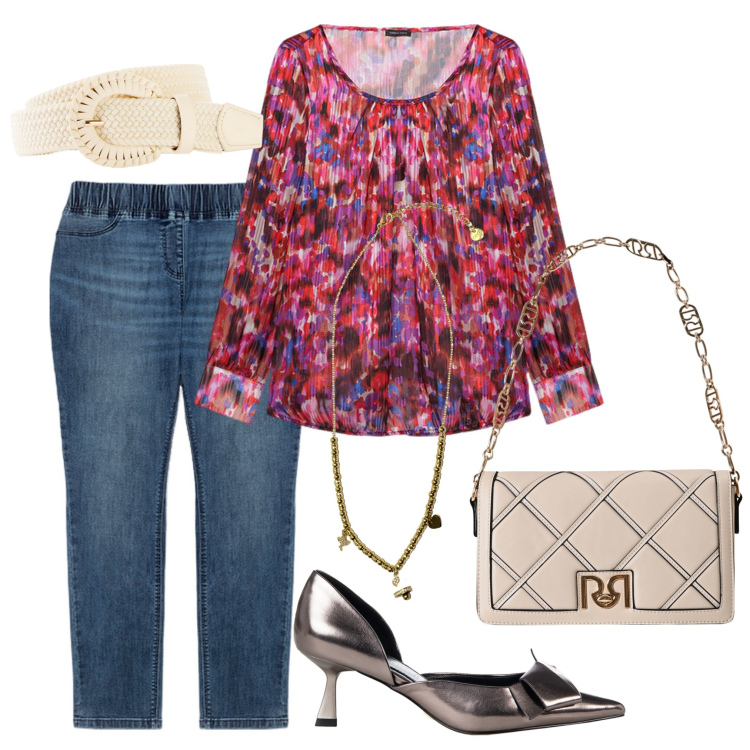 Outfit donna - Fiorella 4. Stile Casual per Tutti i giorni. Abbinamento con cinture, décolleté, borse a tracolla, ciondoli, bluse, jeggings.