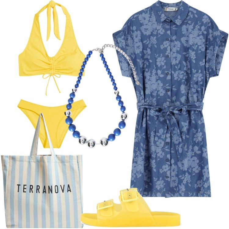 Outfit donna - Abito chemisier in cotone. Stile Basic per Mare. Abbinamento con bikini, borse tote, vestiti corti, collane, sandali.