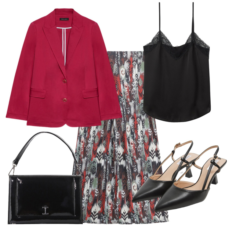 Outfit donna - Gonna e giacca. Stile Casual Abbinamento con sabot, canottiere, pantaloni, borse a tracolla, blazer.