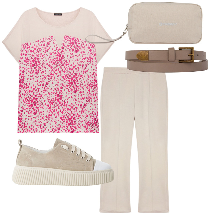 Outfit donna - Fiorella 5. Stile Casual per Tutti i giorni. Abbinamento con sneakers, valigie, bluse, cinture, pantaloni.