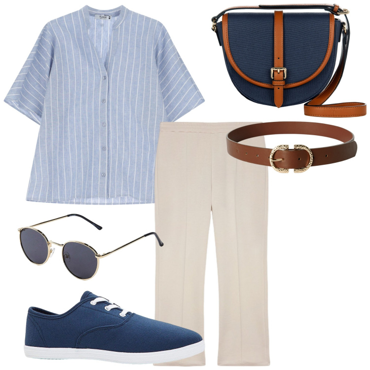 Outfit donna - Camicia e scarpe comode. Stile Casual per Tutti i giorni. Abbinamento con sneakers, occhiali da sole, cinture, borse a tracolla, camicie a manica corta, pantaloni.