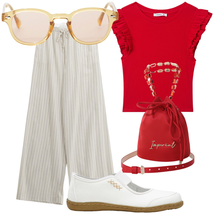 Outfit donna - Il secchiello per tornare a lavorare. Stile Urban per Ufficio. Abbinamento con ballerine, t-shirt, pantaloni, borse a secchiello, occhiali da sole.