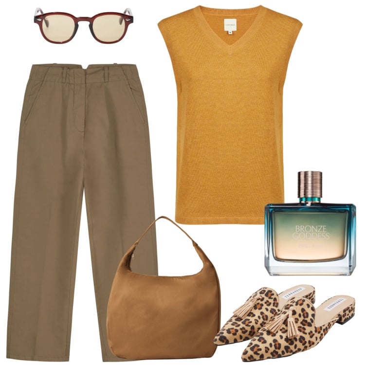 Outfit donna - Bronzo. Stile Casual chic per Ufficio. Abbinamento con profumi, sabot, borse a mano, occhiali da sole, pantaloni, maglieria.