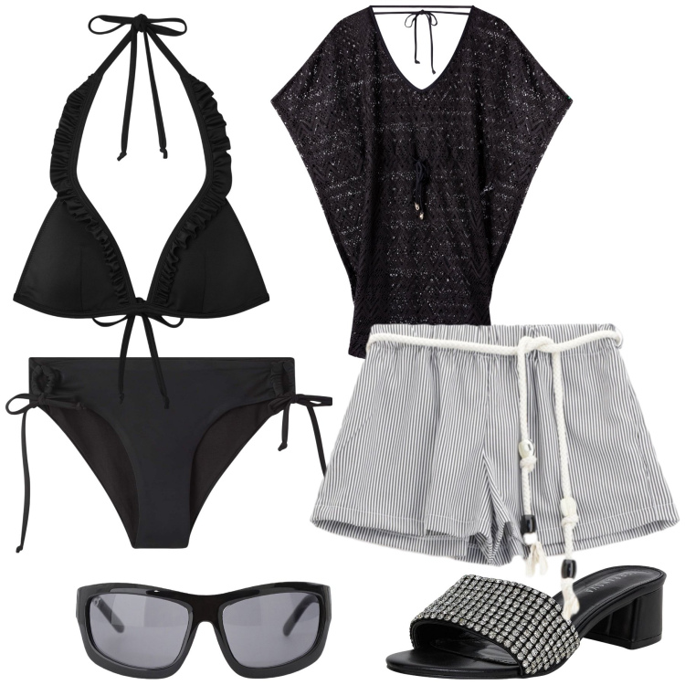Outfit donna - La ciabattina gioiello. Stile Basic per Mare. Abbinamento con vestiti da spiaggia, bikini, ciabatte, bikini, occhiali da sole, pantaloni corti.