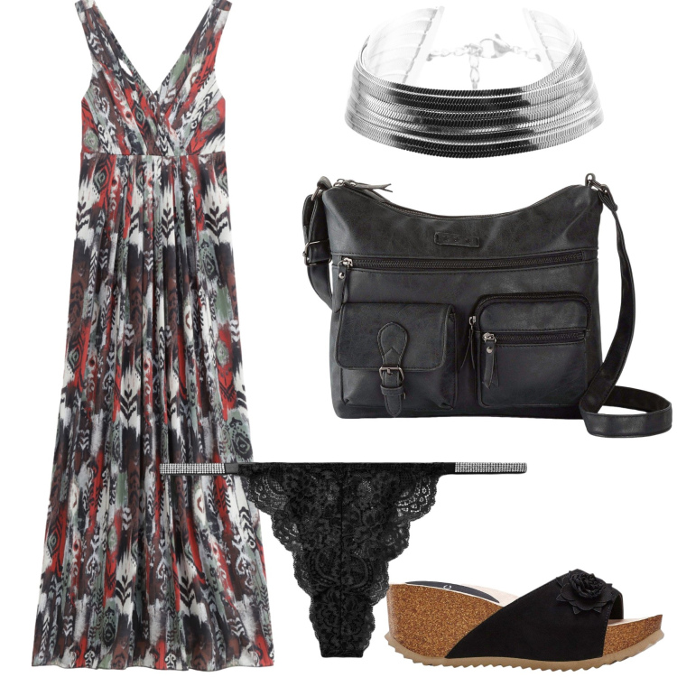 Outfit donna - Il pranzo del ritorno con colleghi. Stile Trendy per Ufficio. Abbinamento con sandali, borse a tracolla, culotte, vestiti lunghi, braccialetti.