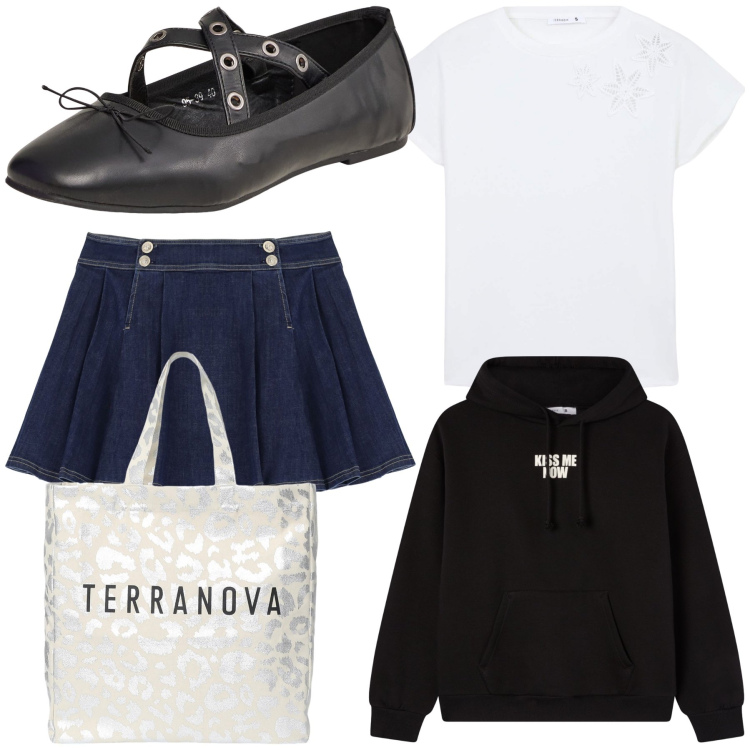 Outfit donna - Oggi preppy. Stile Preppy per Tutti i giorni. Abbinamento con ballerine, t-shirt, borse tote, felpe con cappuccio, minigonne.
