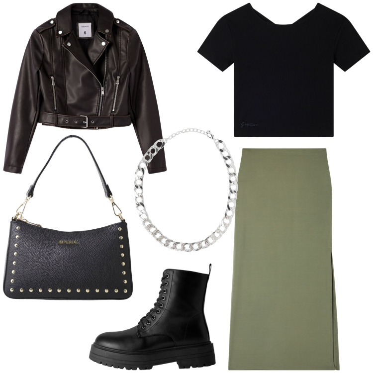 Outfit donna - autunno rock. Stile Rock per Tutti i giorni. Abbinamento con gonne lunghe, collane, anfibi, giacche, borse a spalla, t-shirt.