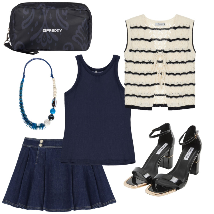 Outfit donna - La gonna in jeans. Stile Trendy per Tutti i giorni. Abbinamento con sabot, top, minigonne, canottiere, valigie, collane.