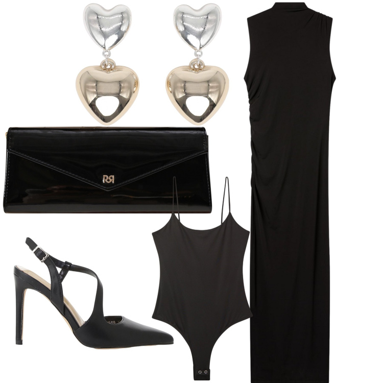 Outfit donna - Un tubino per lui. Stile Glamour per Serata fuori. Abbinamento con vestiti lunghi, orecchini, body, pochette, décolleté.