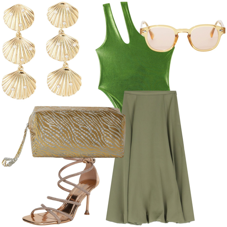 Outfit donna - Quando il body fa il top. Stile Glamour per Serata fuori. Abbinamento con body, sandali col tacco, orecchini, pochette, occhiali da sole, gonne longuette.