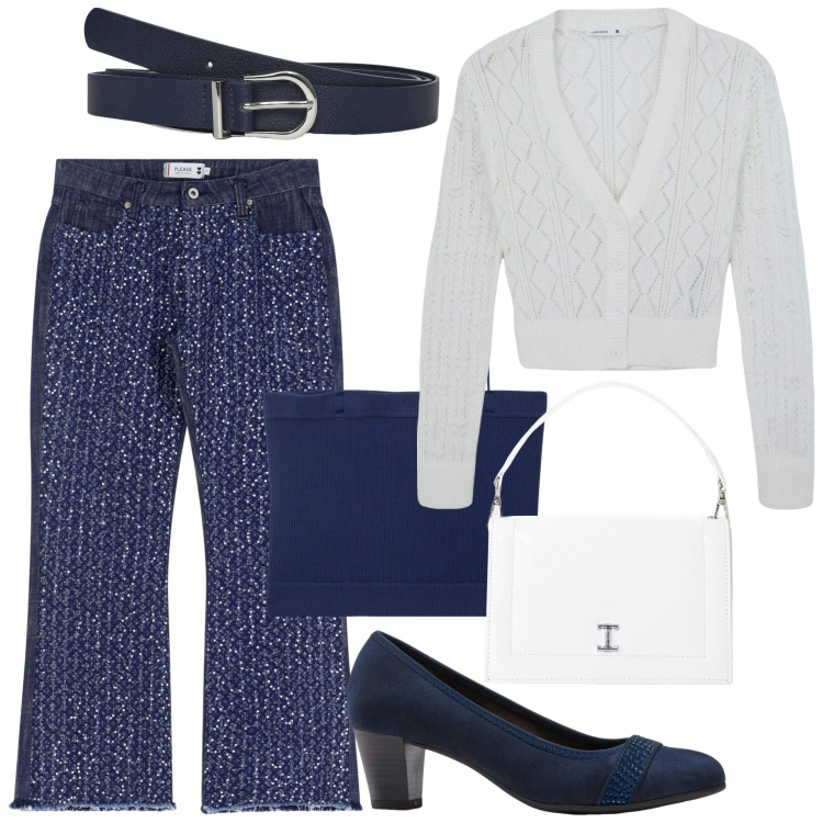 Outfit donna - Elegante con semplicità. Stile Casual chic per Tutti i giorni. Abbinamento con décolleté, cardigans, canottiere, cinture, jeans, borse a tracolla.