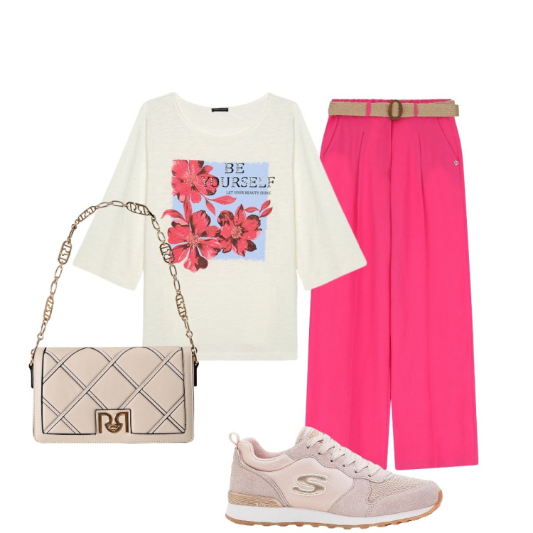 Outfit donna - In città. Stile Casual chic per Tutti i giorni. Abbinamento con sneakers, borse a tracolla, pantaloni, t-shirt.