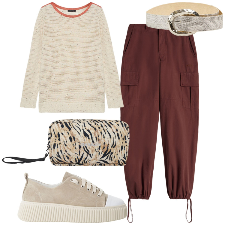 Outfit donna - Quando fa freschetto. Stile Casual per Tutti i giorni. Abbinamento con cinture, sneakers, pantaloni cargo, valigie, maglieria.